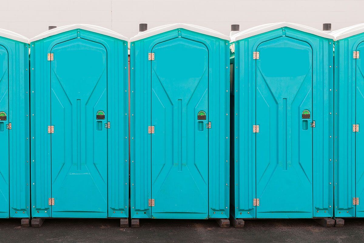 Industrial portable restroom units at a plant in Youngstown, Ohio